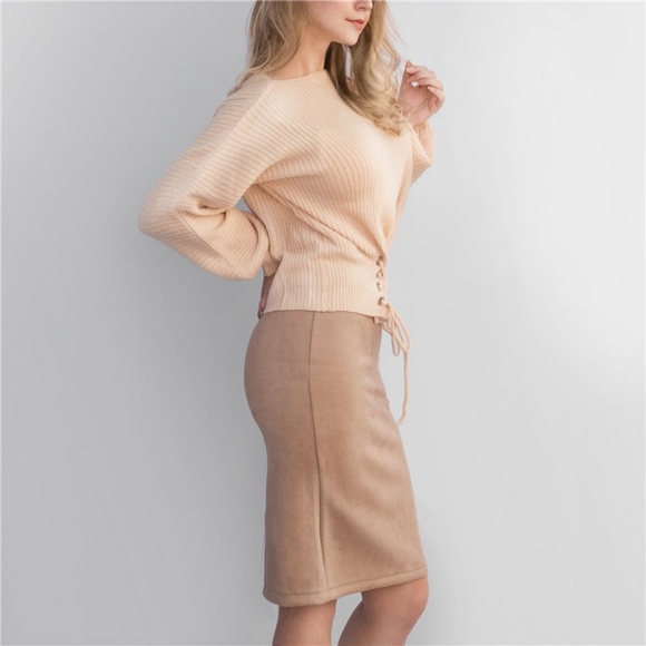 Womens Suede Pencil Midi Skirt in Beige - Picture 4 of 8